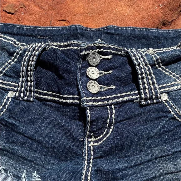 Almost Famous Dark Blue Distressed Denim Shorties shorts low rise 9 - Picture 2 of 6